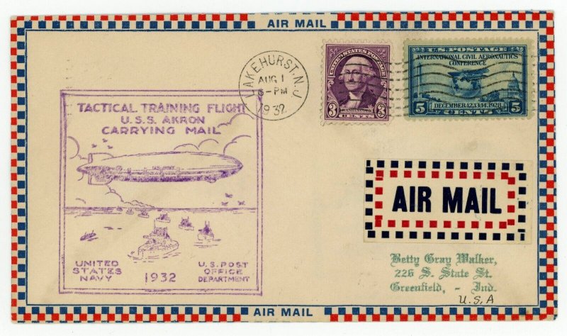 USS AKRON Lakehurst 1932 Tactical Training Round Flight USA Airmail 8c Postage