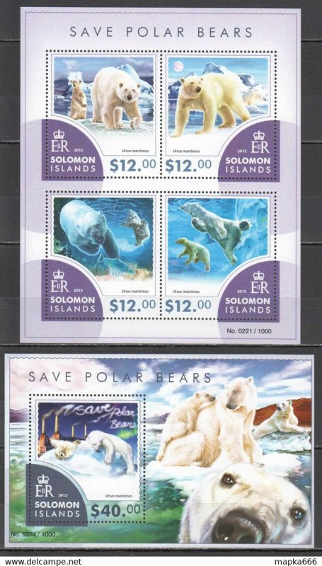 2015 Solomon Islands Save Polar Bears Fauna Animals #3332-36 1+1 ** Ls468