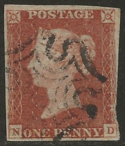 GB Great Britain 1841 QV 1d Red-Brown 'N-D' Scott #3 SG 8VG Used CV $24.00-