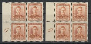 New Zealand, CP M1b, MNH plate 17 and 19 blocks of four