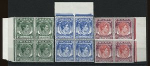 Singapore KGVI 1948-52  8¢, 20¢, and 35¢ marginal blocks of 4 unmounted mint NH 