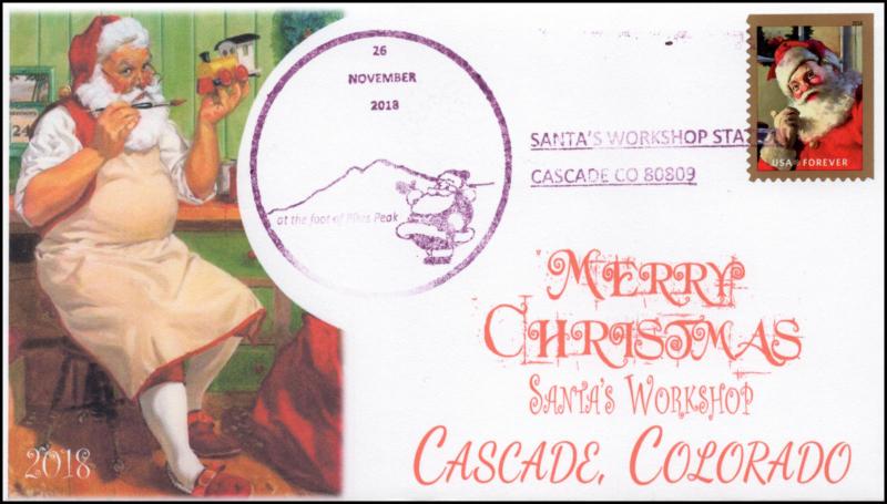 18-335, 2018, Christmas, Pictorial Postmark, Event Cover, Cascade CO, Santas Wor