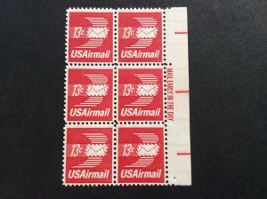 U.S.# C79 Winged Airmail Envelope 13c Mail Early Block of 6, MNH.