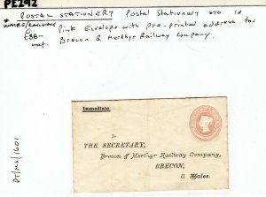 GB WALES QV Early Railway Co Stationery *BRECON & MERTHYR* 1d Pink Unused PE292 