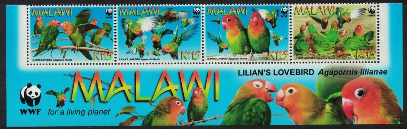 Malawi WWF Lilian's Lovebird 'Agapornis lilianae' 4v Strip WWF Logo SG#1041-1044