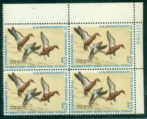 US #RW38 $3.00 Cinnamon Teal, Plate No. Block of 4 NH Scott $180.00