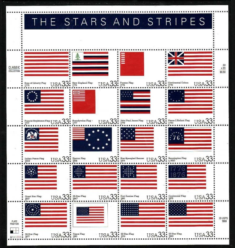 USA-Sc#3403- id12-unused NH sheet-Flags-Stars & Stripes-2000-