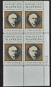 US Scott # 1405; 6c E L Masters from 1970; MNH, og, VF plate block of 4