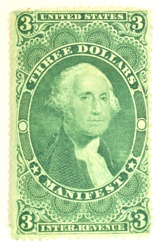 US REVENUE STAMP SCOTT #R86c $3 MANIFEST GREEN WASHINGTON, 1862-71