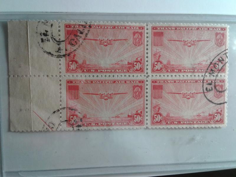 SCOTT # C22 USED AIR MAIL BLOCK OF 4 WITH TAB!! VERY NICE !! SCV $ 40