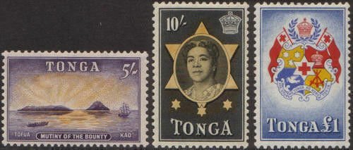 Tonga 1953 SG112-114 5/- Mutiny 10/- Queen Salote and ₤1 Arms MLH