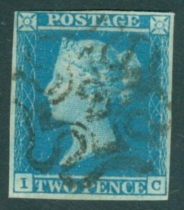 SG 14f 1841 2d blue plate 3 lettered IG. Very fine used with a number '2' in...