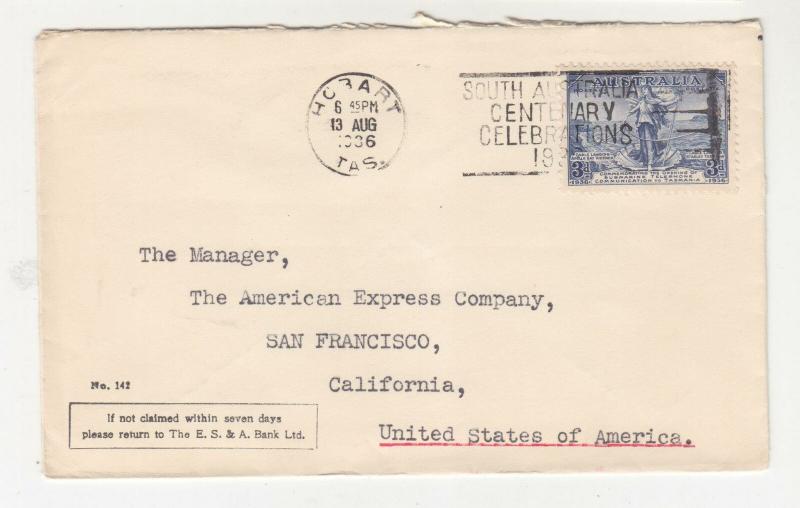 AUSTRALIA, 1936 E S & A Bank cover, 3d. Cable, Hobart to USA.