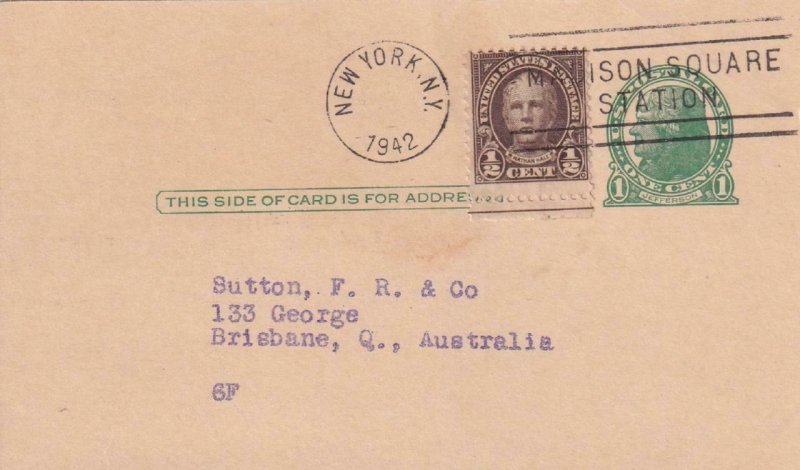 1942, New York, NY to Brisbane, Australia, Uprated UX27 to 1.5c Rate (43139)
