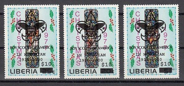 Liberia, L.U.R.D. 791-793 issue. Scout Logo, Black o/print on Christmas values.^
