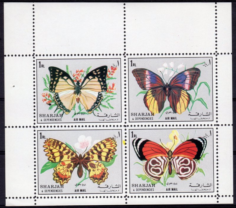 Sharjah 1972 Mi#1304/1307 BUTTERFLIES Sheetlet (4) perforated MNH