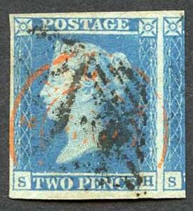 1841 2d Blue (SH) Plate 3 Four Margins RED ARRIVAL CDS