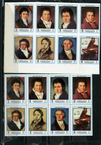 AJMAN 1972 PAINTINGS LUDWIG VAN BEETHOVEN 2 SHEETS OF 8 STAMPS PER.& IMPERF. MNH