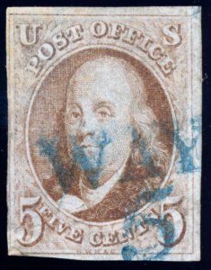 US 1 5c 1847 first issue Benjamin Franklin blue Way 5 cancel 
