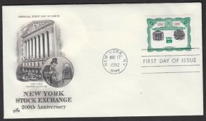 1992 NY STOCK EXCHANGE FDC #2630 WITH MAJOR UPWARD SHIFT OF ENGRAVED VIGNETTE!!