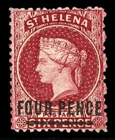 St. Helena #21 Cat$140, 1868 4p on 6p carmine, unused without gum