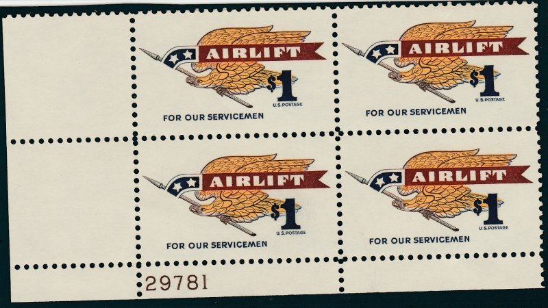 U.S. 1341, $1 AIRLIFT PL# BLOCK OF FOUR.. MINT, NH. VF (25)