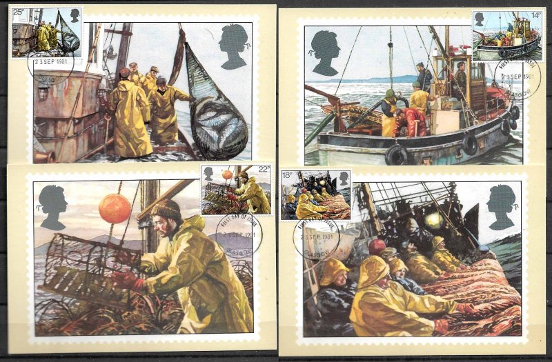 GB UK STAMPS, 1981, SET OF 4 MAXI CARDS MC MAXIMUM CARDS FISHING