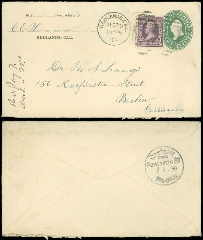 1897 REDLANDS CA Cds, TRANSATLANTIC Cover to BERLIN GERMANY, Scott #268 on #U311