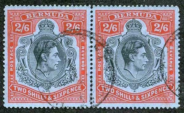 Bermuda SG117a KGVI 2/6 Black and Red/Grey-blue line break at Kings upper lip