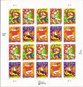 US Stamp - 2003 Christmas Santa, Reindeer - 20 Stamp Sheet #3821-4