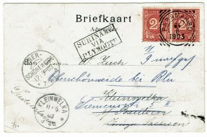 Suriname 1903 Paramaribo cancel on postcard to Germany, re-directed