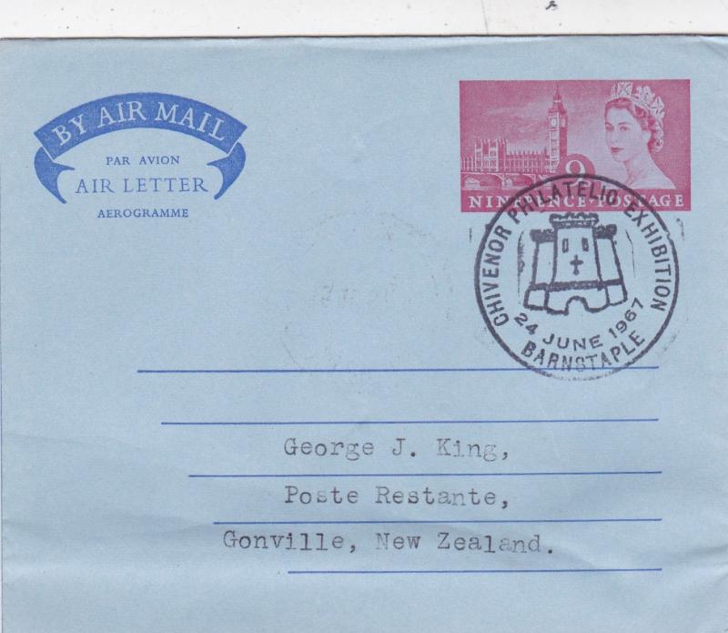 GB 1967 Chivenor Philatelic Exhibition 9d Air letter to Gonville New Zealand VGC