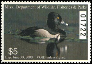 MISSISSIPPI #24 1999  STATE DUCK RINGED NECK DUCK  by Joe MacHudspeth