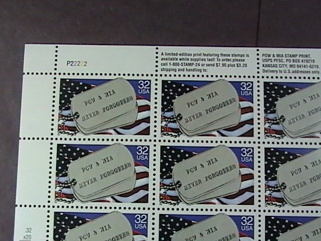 U.S.# 2966-MINT/NEVER HINGED-PANE OF 20---POW & MIA'S---1995