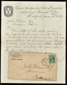 1882 STATE OF CONNECTICUT Adjutant  General Letterhead W/ Cover ~ Hartford CT
