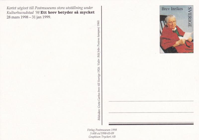 Sweden 1998 A Letter Means so much Prepaid Postcard FDC Unused VGC