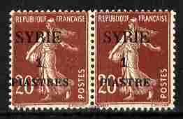 Syria 1924 1pi on 20c Sower horizontal pair one stamp wit...