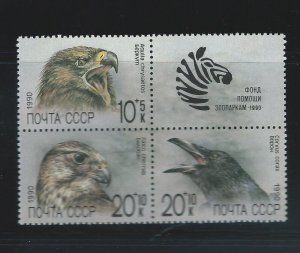 Russia Sc  B166-8/Label  Zoo Relief 1988 Eagle, Falcon, Raven, Zebra Sheet of 4