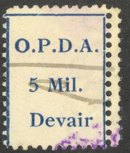 PALESTINE 1924 OPDA DEVAIR 5m Revenue WMK INVERTED DBLE PERF ROW Bale 99 Used