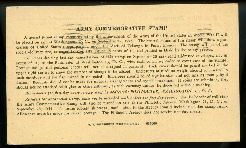 U.S. Scott 934 Army Commemorative Post Office Department Announcement Card