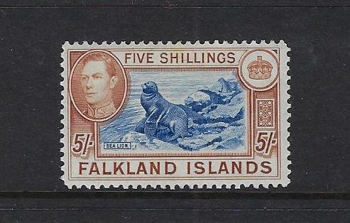 FALKLAND IS. SCOTT #94 1936-46 GEORGE VI 5 SHILLING- MINT LIGHT  HINGED