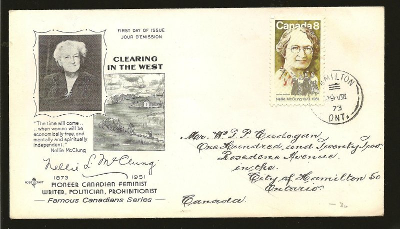 Canada SC#622 Nellie McClung 1973 Cachet First Day Cover