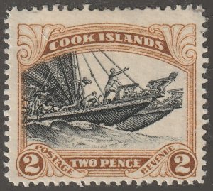 Cook Islands, stamp, scott#86,  mint, hinged, two pence, double canoes