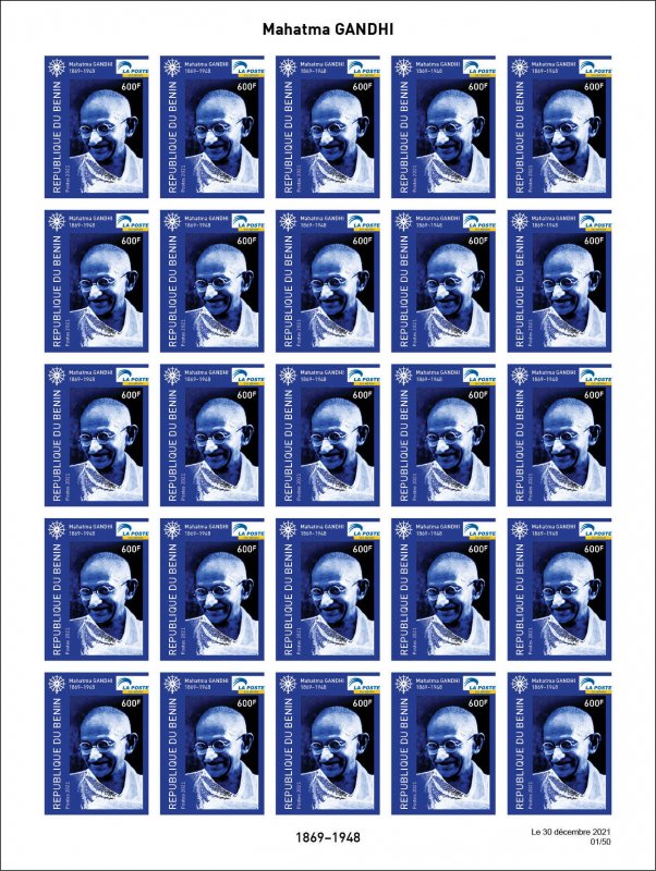 BENIN 2021 IMPERF SET OF 4 SHEETS 25V - JOINT ISSUE MAHATMA GANDHI 150 ANNIV MNH