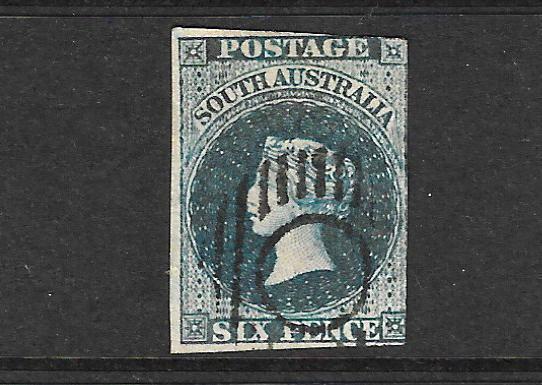 SOUTH AUSTRALIA  1855  6d DEEP BLUE  QV IMPERF  FU    SG 3