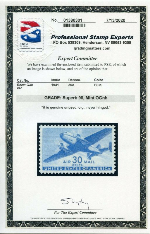 US SCOTT #C30, Mint-Superb-OG-NH Graded 98 PSE Cert SMQ $140 (DFP 8/24/20)