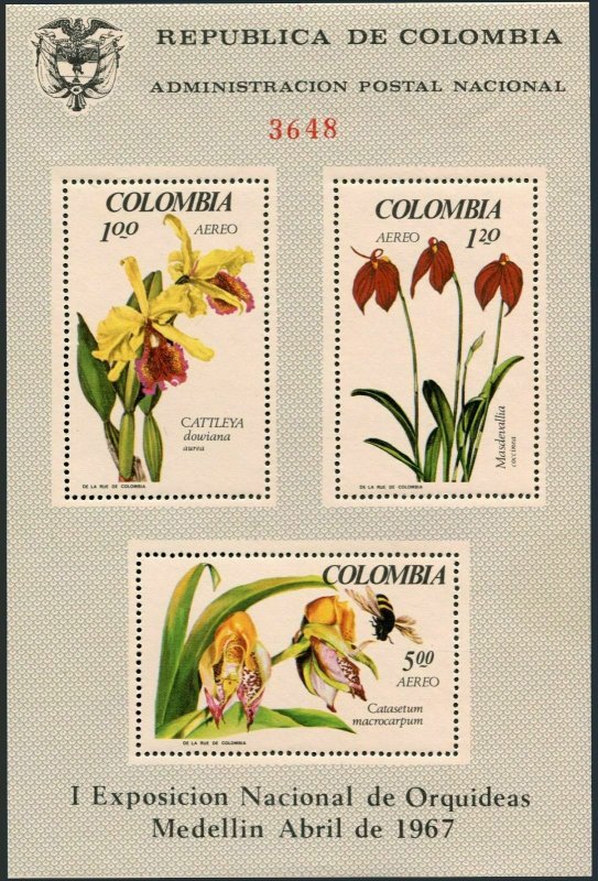 Colombia C491a sheet,MNH.Michel Bl.27. Orchids 1967,Bee.