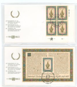 United Nations--New York 544-545 2 unaddressed covers with cachets, inscription blk of 4 plus souvenir sheet.