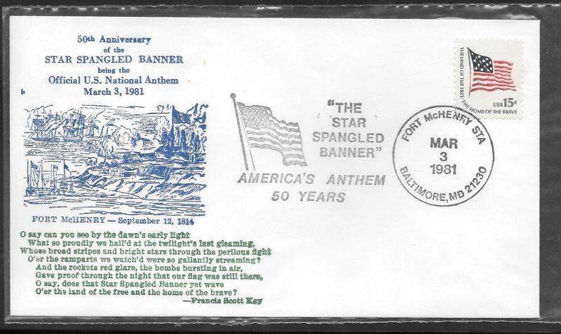 #1597 Cover Star Spangled Banner  Fort McHenry Baltimore MD MAR/3/1981 (my3083)