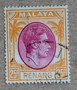 Malaya Penang 1949 25c KGVI, used. Scott 16, CV $1.25. SG 16